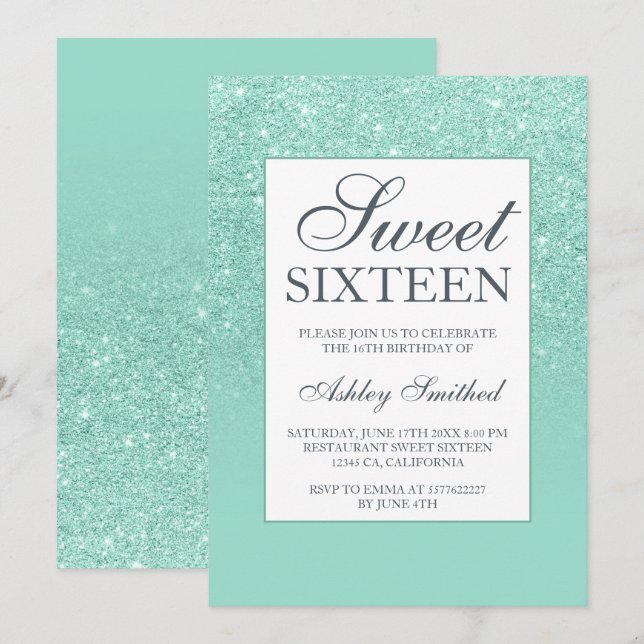 Chic aqua glitter elegant chic Sweet 16 Invitation (Front/Back)