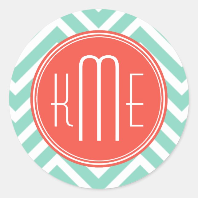 Chic Aqua Green Chevron and Orange Custom Monogram Classic Round Sticker (Front)