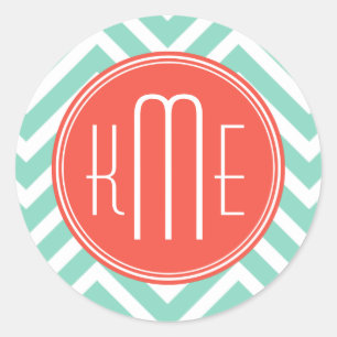 Chic Aqua Green Chevron and Orange Custom Monogram Classic Round Sticker
