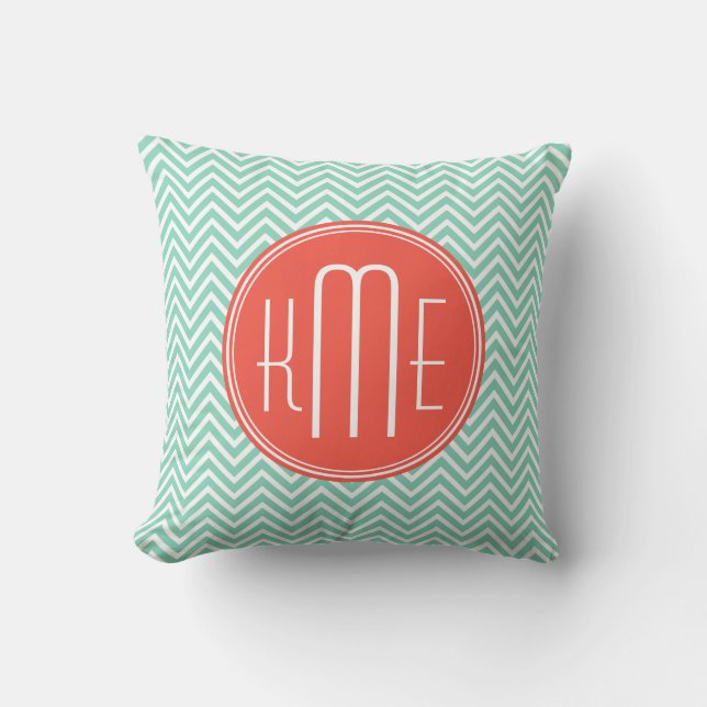 Chic Aqua Green Chevron and Orange Custom Monogram Cushion (Front)