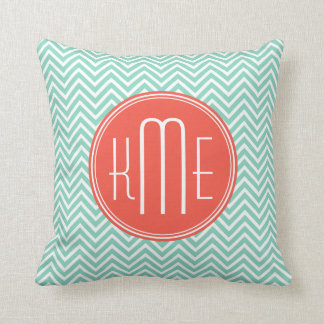 Chic Aqua Green Chevron and Orange Custom Monogram Cushion
