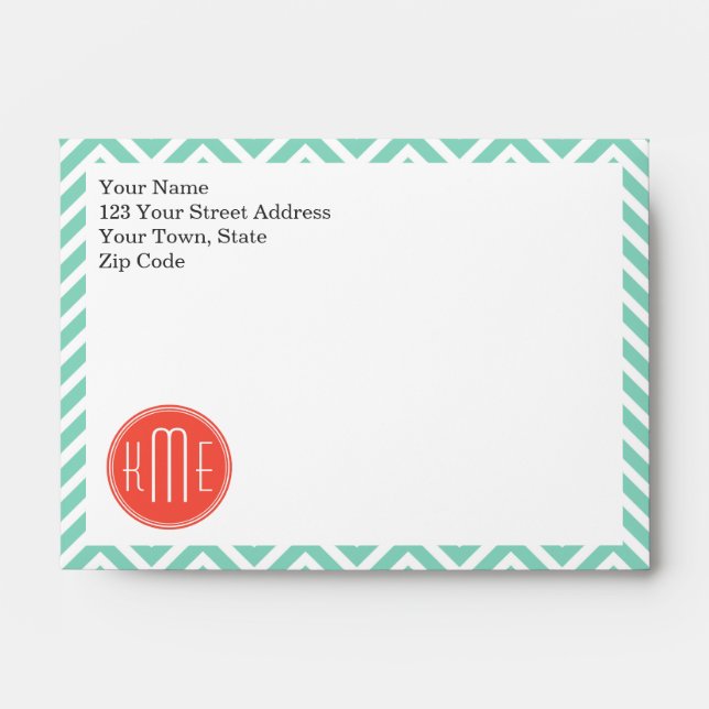 Chic Aqua Green Chevron and Orange Custom Monogram Envelopes (Front)