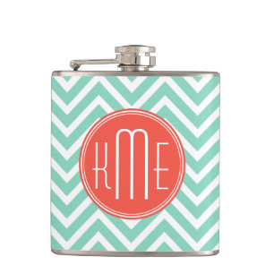 Chic Aqua Green Chevron and Orange Custom Monogram Hip Flask