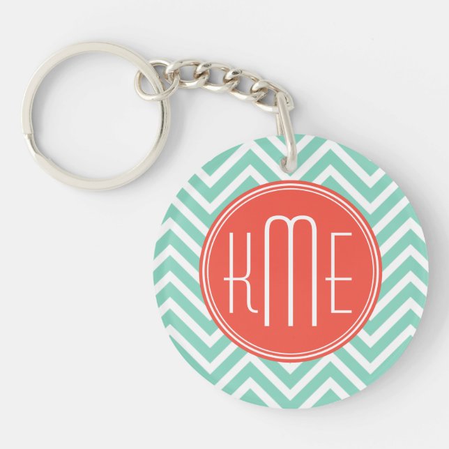 Chic Aqua Green Chevron and Orange Custom Monogram Key Ring (Front)