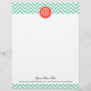 Chic Aqua Green Chevron and Orange Custom Monogram Personalised Letterhead