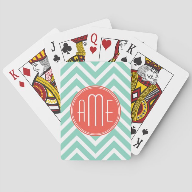 Chic Aqua Green Chevron and Orange Custom Monogram Playing Cards (Back)
