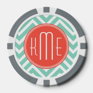 Chic Aqua Green Chevron and Orange Custom Monogram Poker Chips