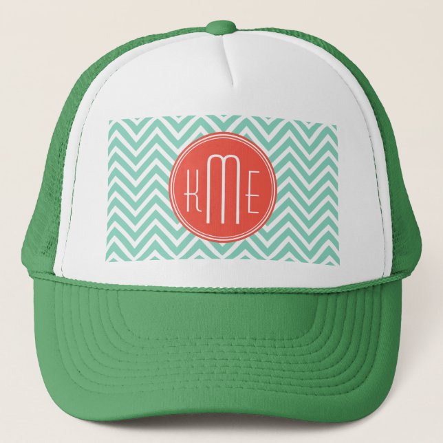 Chic Aqua Green Chevron and Orange Custom Monogram Trucker Hat (Front)