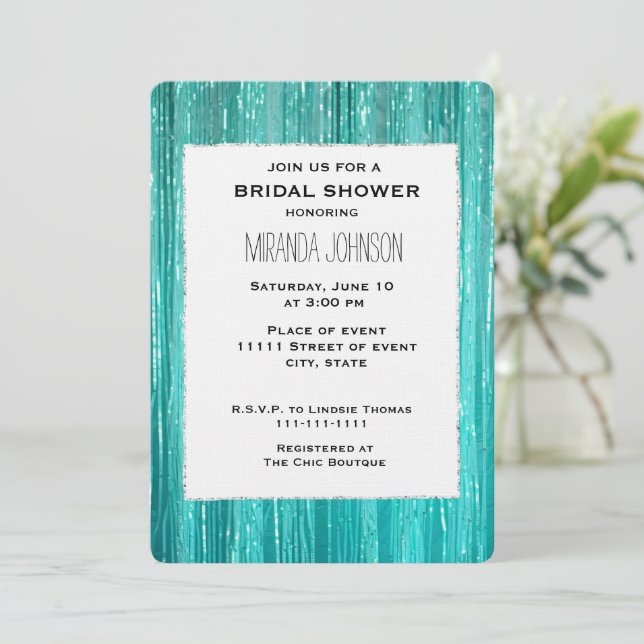 Chic Aqua Mint Tinsel Stripes Bridal Shower Invitation (Standing Front)