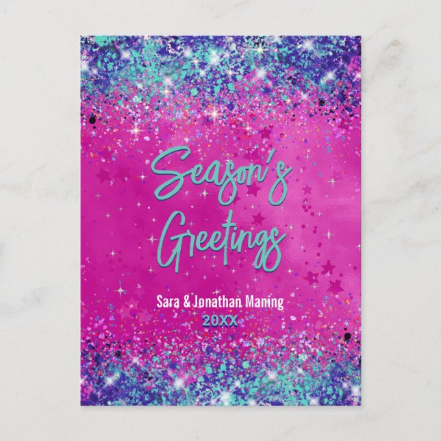 Chic aqua pink glitter Christmas new year Postcard (Front)