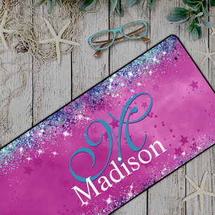 Chic aqua pink iridescent glitter monogram desk mat