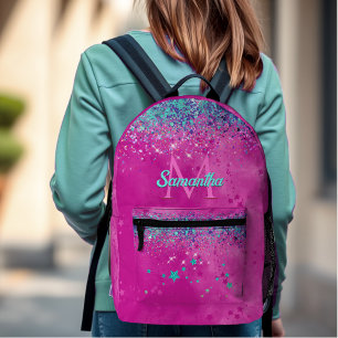 Chic aqua pink iridescent glitter monogram printed backpack