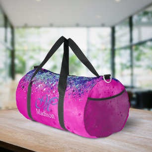 Chic aqua pink iridescent glitter monogram printed duffle bag