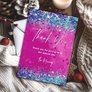 Chic aqua pink iridescent glitter thank you card