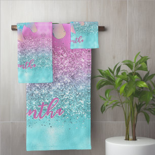 Chic Aqua Pink Unicorn Glitter glam monogram Bath Towel Set