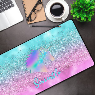 Chic Aqua Pink Unicorn Glitter glam monogram Desk Mat