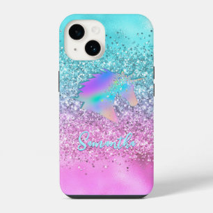 Chic Aqua Pink Unicorn Glitter glam monogram iPhone 14 Case
