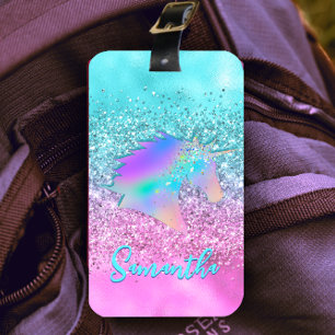 Chic Aqua Pink Unicorn Glitter glam monogram Luggage Tag