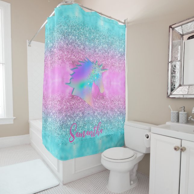 Chic Aqua Pink Unicorn Glitter glam monogram Shower Curtain (In Situ)