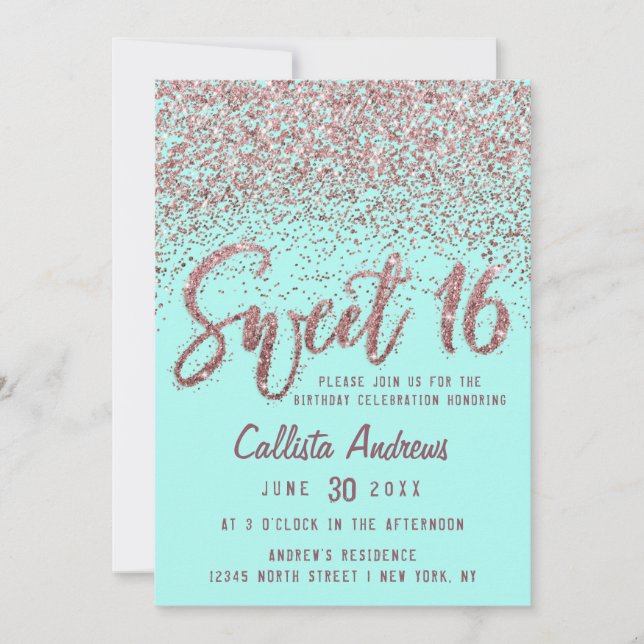 Chic Aqua Rose Gold Scattered Glitter Sweet 16 Invitation (Front)