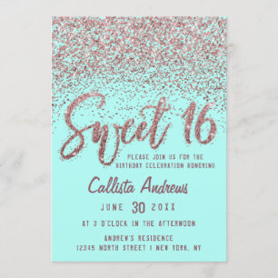 Chic Aqua Rose Gold Scattered Glitter Sweet 16 Invitation