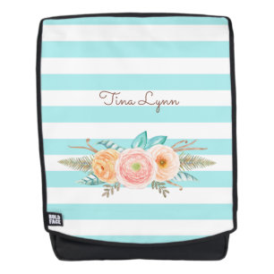 Chic Aqua Stripes Feminine Floral and Name Backpack