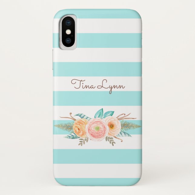 Chic Aqua Stripes Feminine Floral and Name Case-Mate iPhone Case (Back)