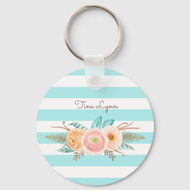 Chic Aqua Stripes Feminine Floral and Name Key Ring (Front)
