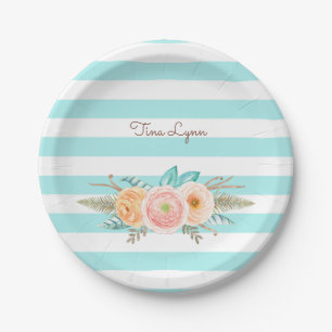 Chic Aqua Stripes Feminine Floral and Name Paper Plate