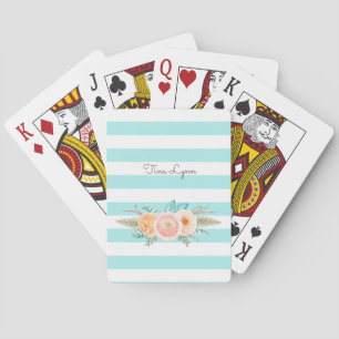 Chic Aqua Stripes Feminine Floral and Name Playing Cards