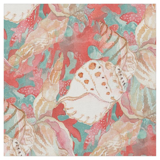 Chic Aqua Turquoise Coral Red Seashells Pattern Fabric (Close Up)