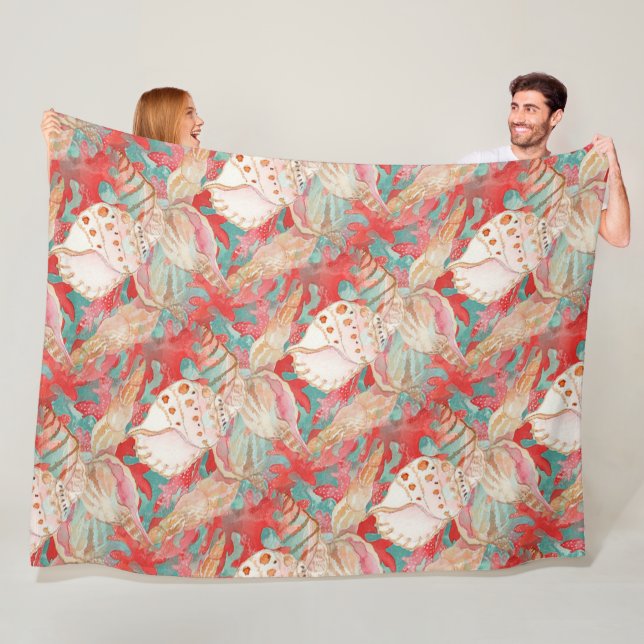 Chic Aqua Turquoise Coral Red Seashells Pattern Fleece Blanket (In Situ)