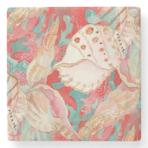 Chic Aqua Turquoise Coral Red Seashells Pattern