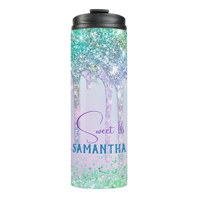 Chic aqua Unicorn Glitter birthday monogram Thermal Tumbler (Front)