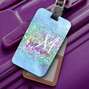 Chic aqua Unicorn Glitter sparkles monogram Luggage Tag