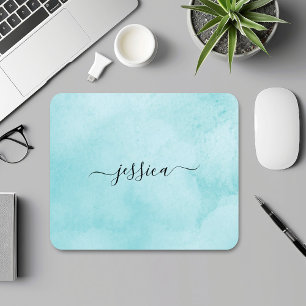 Chic Aqua Watercolor Calligraphy Script Mouse Mat
