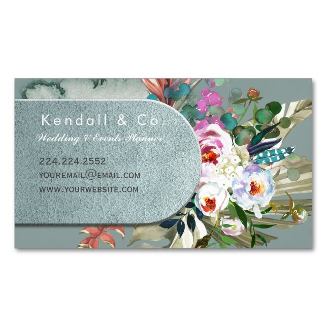 Chic Aquamarine Boho Leather Arch  Magnetic Business Card (Front)