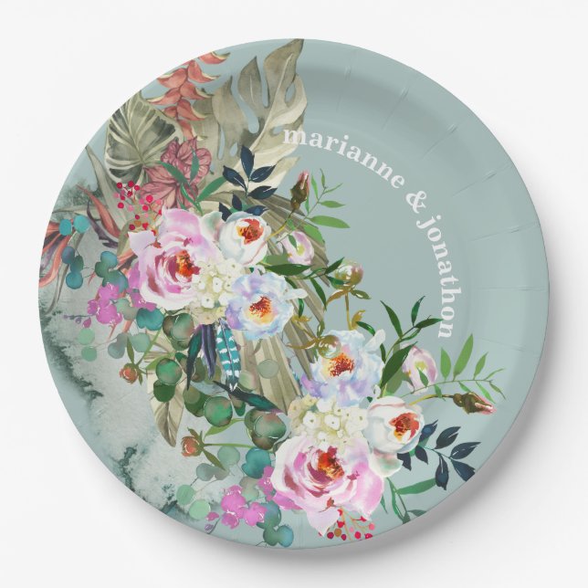 Chic Aquamarine Personalised Floral Eucalyptus Paper Plate (Front)