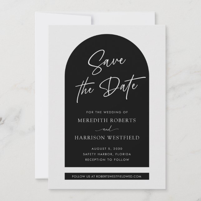 Chic Arch Frame Modern Script Black Wedding Save The Date (Front)