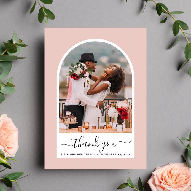 Chic Arch Photo Blush Pink Wedding Thank You Card (Celebrate your love story with a thank you card showcasing your photo in an elegant arch frame)