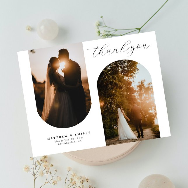 Chic Arch Photo Collage Minimal Wedding Thank You Postcard (Creator Uploaded)