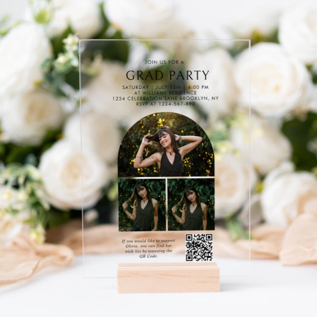 Chic Arch Photo Collage QR Code Graduation Party Acrylic Invitations (Creator Uploaded)