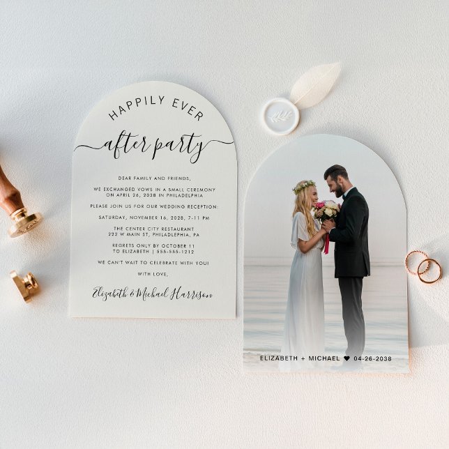 Chic Arch Photo Cream Wedding Reception Invitation (Celebrate your love story with an invitation showcasing your favorite photo in an elegant arch frame)