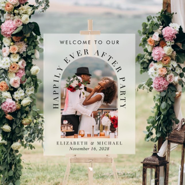 Chic Arch Photo Frosted Wedding Reception Welcome Acrylic Sign (Creator Uploaded)