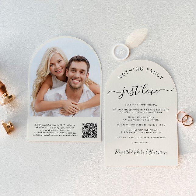 Chic Arch Photo QR Code Cream Wedding Reception Invitation (Celebrate your love story with a chic arch-shaped elopement announcement and reception invitation)