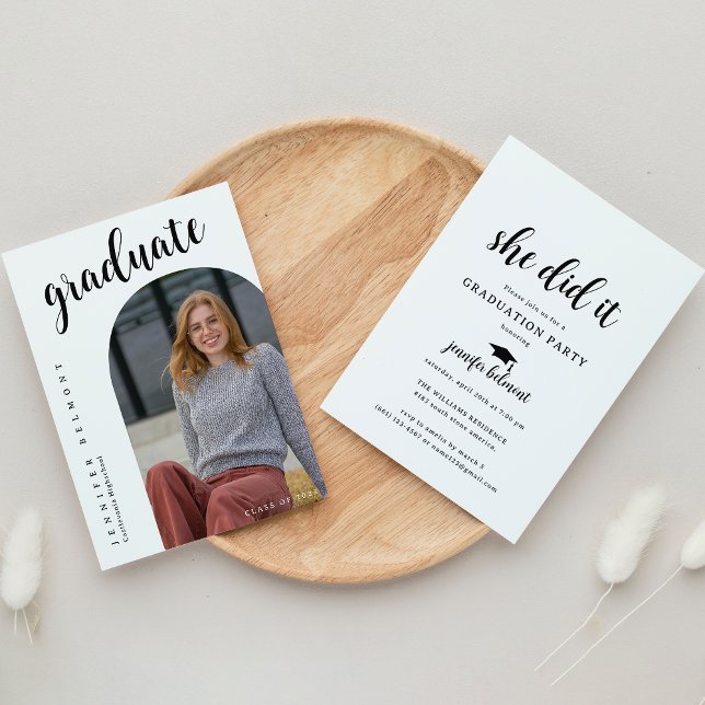 Chic Arch Photo She did it Hat Tassel Graduation Invitation (Creator Uploaded)