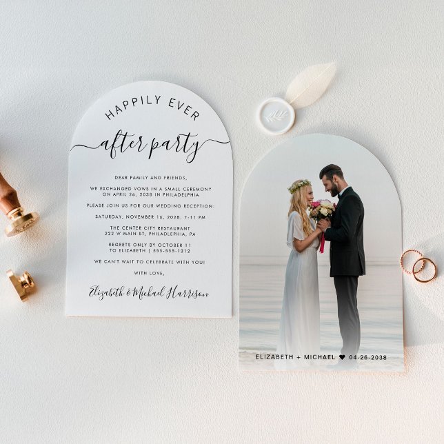 Chic Arch Photo Wedding Reception Invitation (Celebrate your love story with an invitation showcasing your favorite photo in an elegant arch frame)