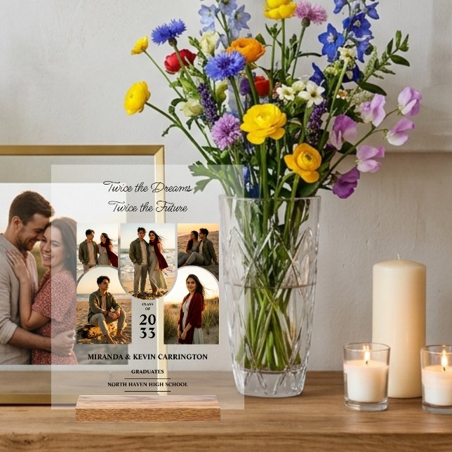 Chic Arched Collage Double Grads Twins TMF26 Acrylic Sign (Stylish Double Graduation Acrylic Sign With Wooden Stand Featuring Five Arched Photo.)