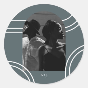 Chic Arches with Monogram Blue Photo Wedding Classic Round Sticker