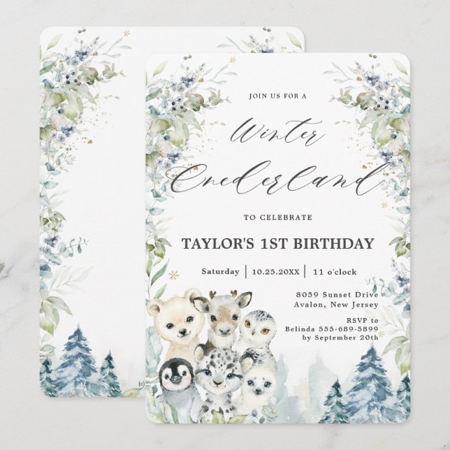 Chic Arctic Animals Winter Onederland 1st Birthday Invitation (Front/Back)